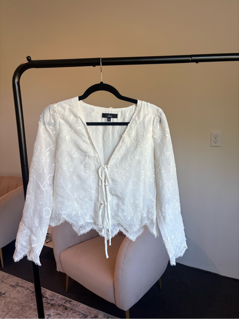 Lulu's White Floral Embroidered Tie-Front Blouse